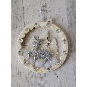 White glitter Circle Forest deer reindeer ornament Xmas decor